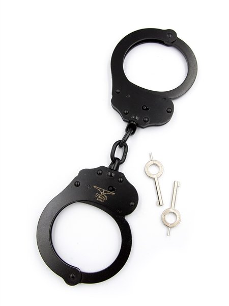 Mister B A88B Handschellen schwarz – Gesamtansicht mit Kette und zwei Schlüsseln