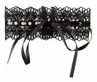 Vista previa: Schwarzes, gesticktes Halsband mit weißen Perlen