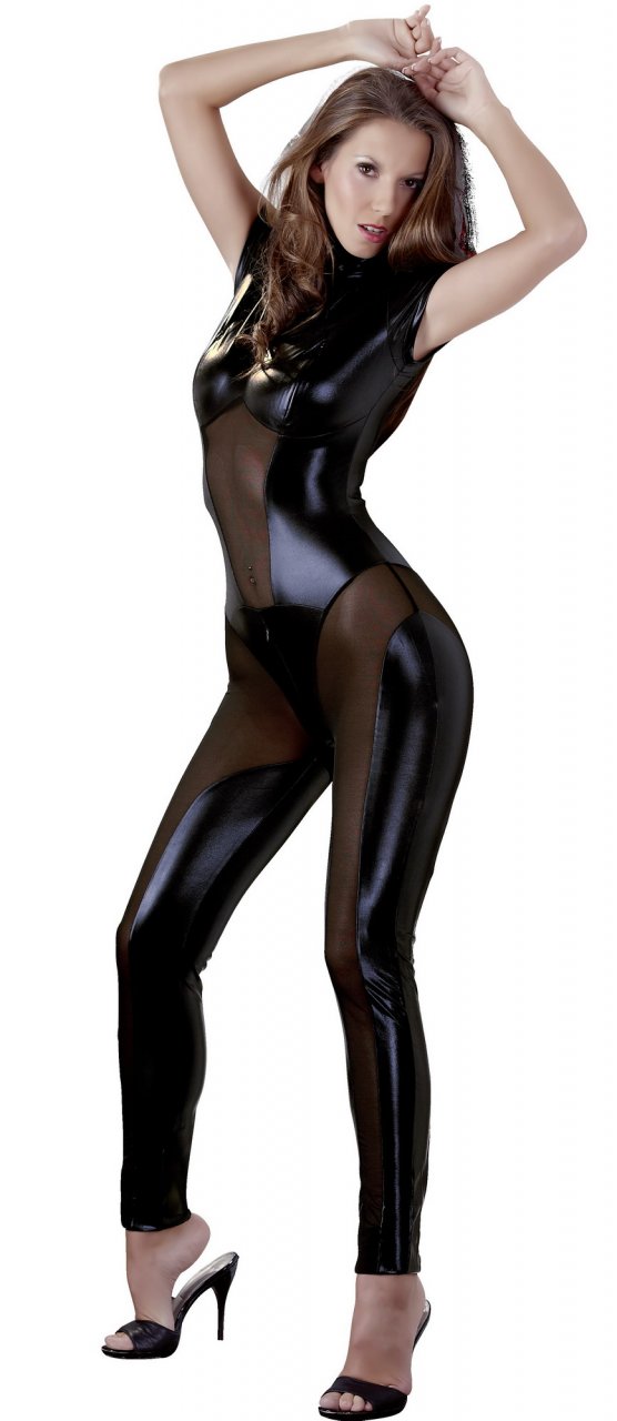 Catsuit en wetlook negro brillante y transparente
