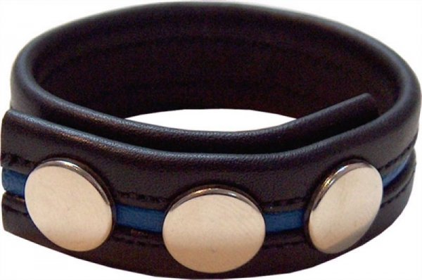 Cockstrap de cuero negro con adornos azules